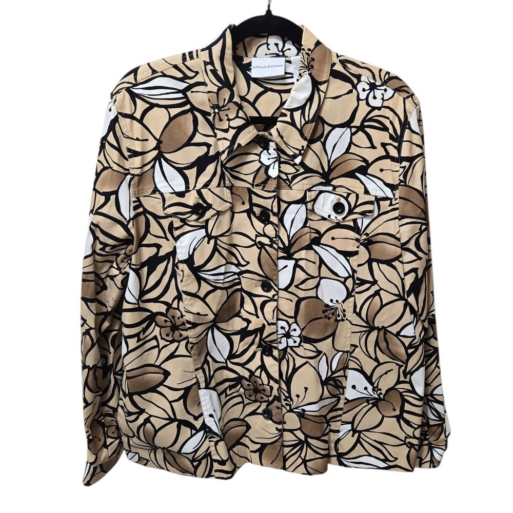 Alfred Dunner Womens Button Up Top/Jacket Tan‎ Floral Print Long Sleeve Size 16